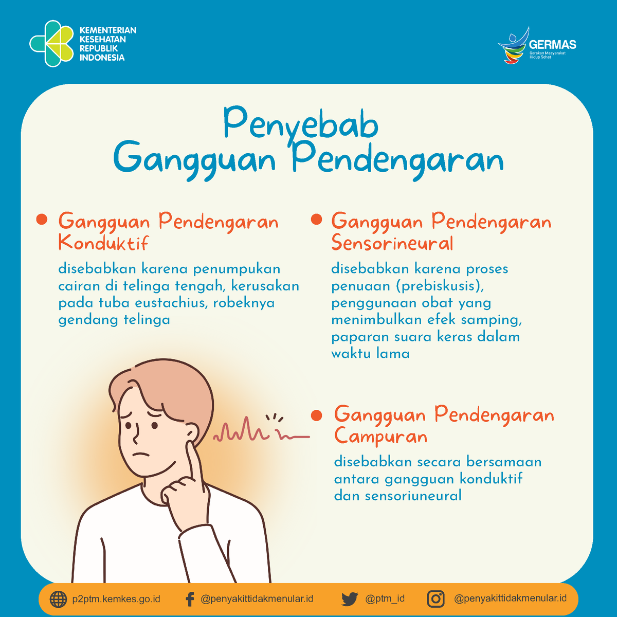 Sobat Sehat, ketahui penyebab gangguan pendengaran berikut ini.
.
#CERDIK #CegahPTM #DukungGERMAS
#GangguanPendengaran #telinga