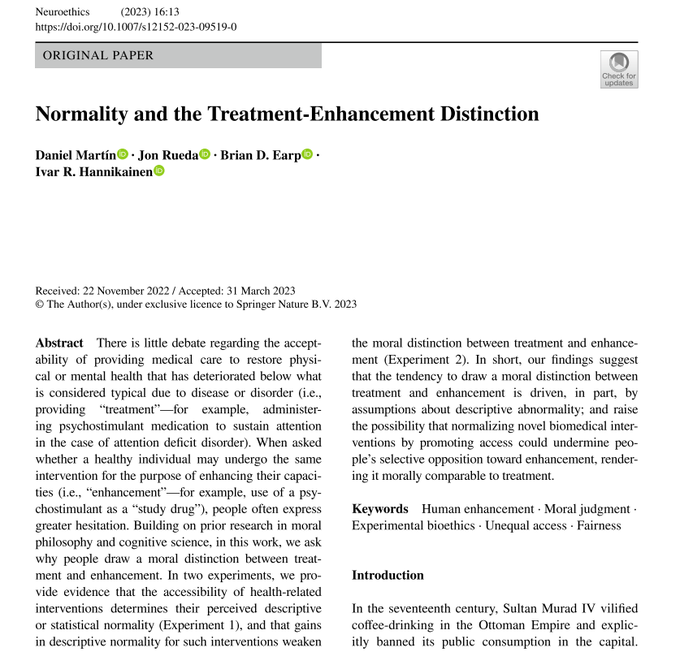 Junto con Daniel Martín y 
<a href="/briandavidearp/">Brian D. Earp, Ph.D.</a>, nuestros compañeros <a href="/ruetxe/">Jon Rueda Etxebarria</a> e Ivar Hannikainen, han publicado el artículo "Normality and the Treatment-Enhancement Distinction" en la revista <a href="/NeuroethicsJ/">Neuroethics Journal</a>

No os lo perdáis 👇🏽

wpd.ugr.es/~filolab/wordp…