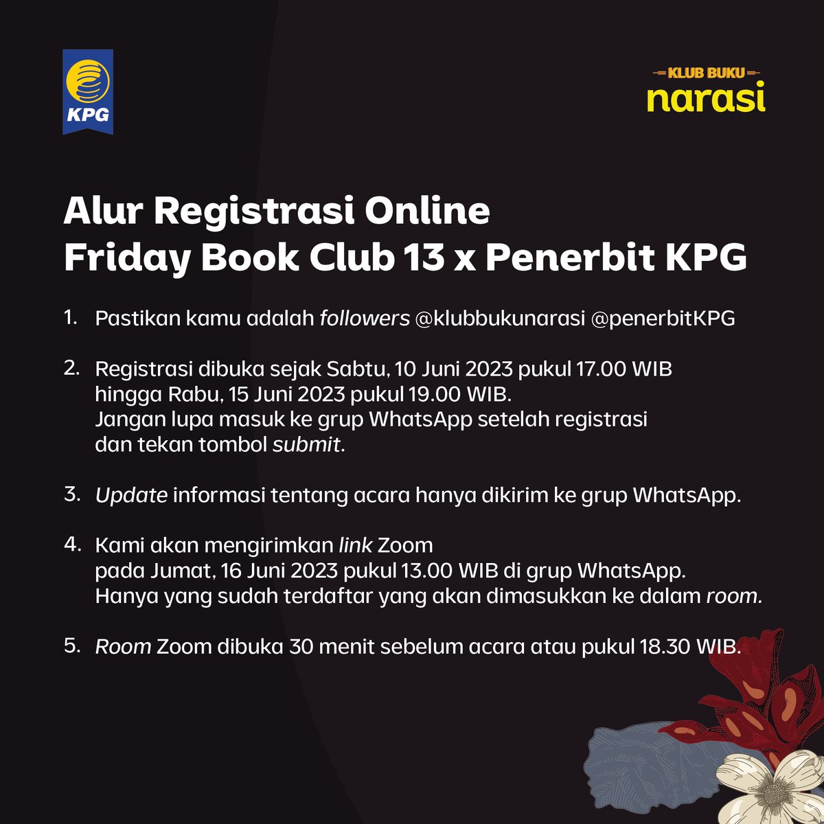 penerbitkpg's tweet photo. 8. Friday Book Club 13: Merayakan Karya-karya Ayu Utami
๐
Jum'at, 16 Juni 2023
๐จ Zoom Meeting, Pkl. 19.00โ20.30 WIB
Tautan pendaftaran: https://t.co/UWIinKg1mQ
#FridayBookClub #KlubBukuNarasi #AyuUtami #Saman #Larung #BilanganFu #JalinJalan #PenerbitKPG https://t.co/dpGEh6cMum