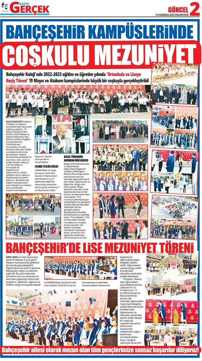 Bahcesehir_Sam's tweet photo. Bahçeşehir Koleji Samsun Kampüslerindeki öğrencilerimiz mezuniyet heyecanını ve sevincini aileleri, öğretmeleri ve arkadaşları ile bir arada yaşadı . “Mezuniyet Coşkumuz”Samsun basınında geniş yer buldu.

(Samsun Gazetesi-Gerçek Gazetesi -Halk Gazetesi 12.06.2023) https://t.co/kQWMA4X2dC