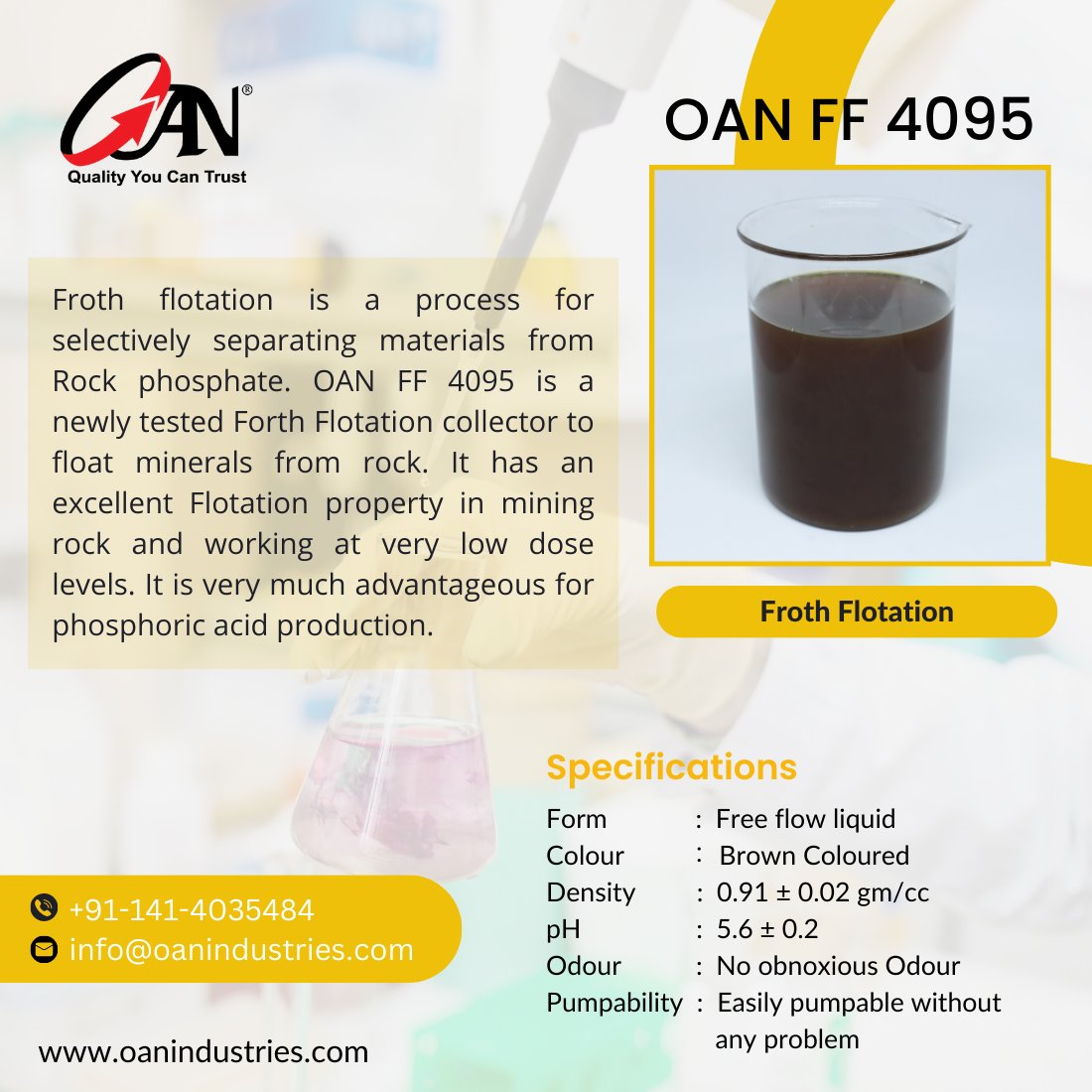 oanindustries's tweet photo. OAN FF 4095 - Froth Flotation
#mining #FrothFlotation #Frother #Collectors #ReagentConditioning #RockPhosphate #MineralProcessing #HydrophobicMaterials #Additives #ChemicalManufacturing #oanindustries https://t.co/192woGOKKe