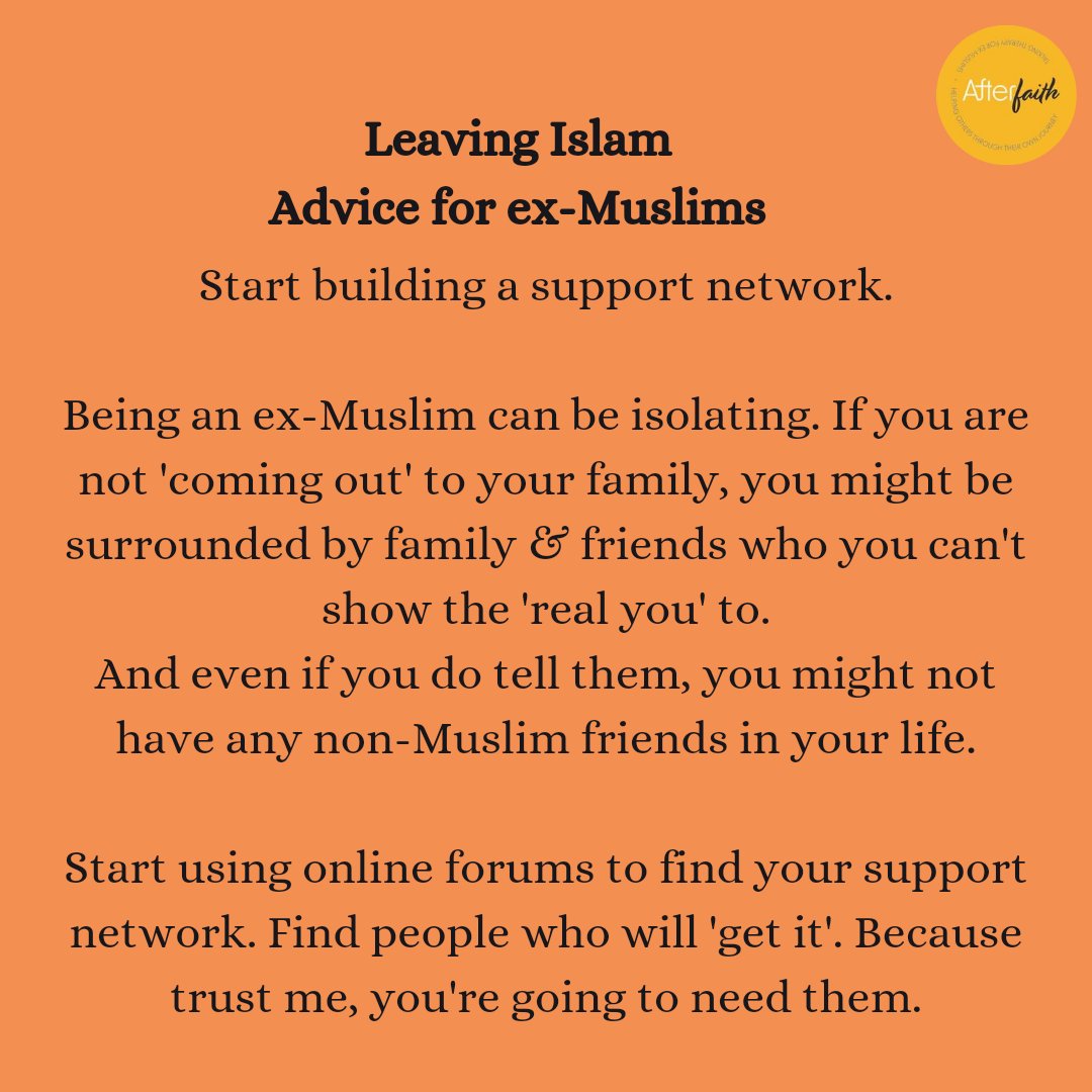 Advice for ex-Muslims. As a qualified therapist, who is an ex-Muslim myself, therapy was just one component of what helped me. Having good friends and people who understood me really helped me when I was at my lowest. #exmuslim #apostasy