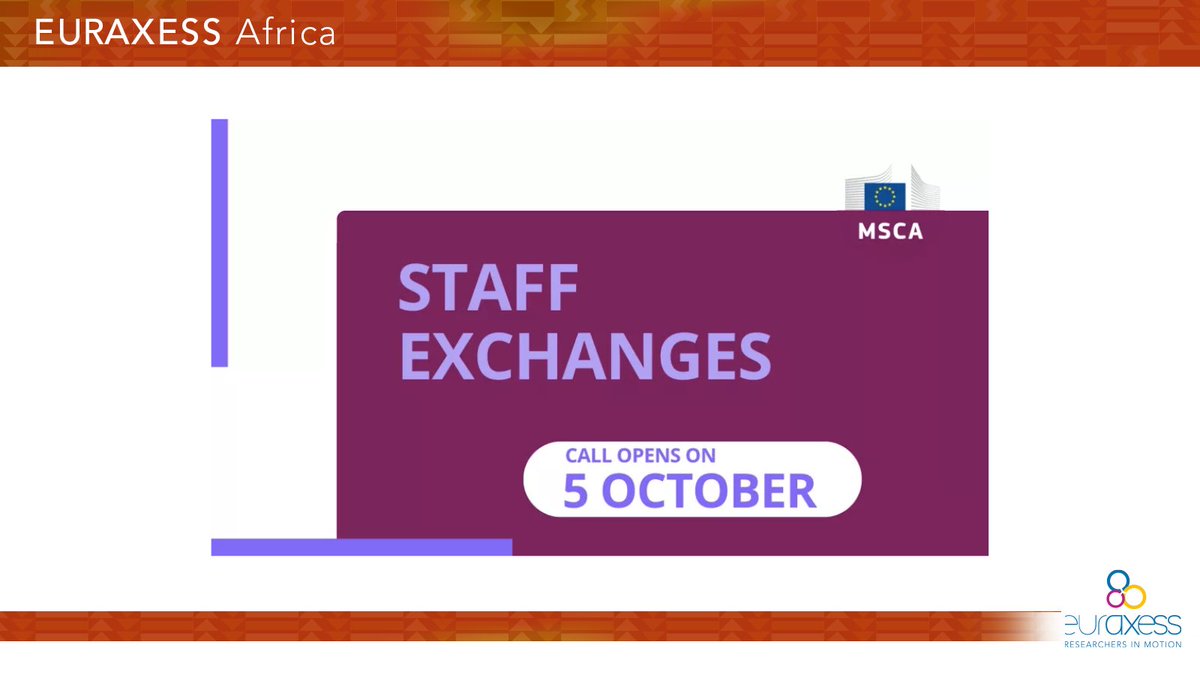 📢 📢 #Research and #innovation projects through mobility - #MSCA Staff Exchanges

👉See more: euraxess.ec.europa.eu/worldwide/afri…

#scholarships #science #europeancommission #africa #internship #opportunities #network #EU #AU #research #innovation #university #grant #fellowship #projects