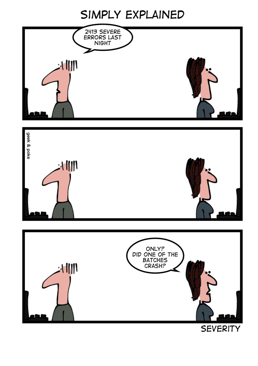 Tial Technologies (@tialtech) on Twitter photo Simply Explained Severity
<a href="/geekandpoke/">Oliver Widder</a>
#FridayFunnies #FunFridays #Cartoon #Laugh #Technology #Software #Project #Developers #Code #Coding #Programming #Cloud #SoftwareDevelopers #SoftwareDesign Simply Explained Severity
<a href="/geekandpoke/">Oliver Widder</a>
#FridayFunnies #FunFridays #Cartoon #Laugh #Technology #Software #Project #Developers #Code #Coding #Programming #Cloud #SoftwareDevelopers #SoftwareDesign