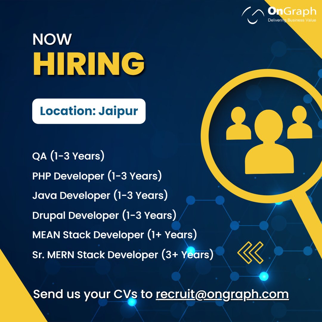 Discover Your Potential, and Unleash Your Genius!💯👨‍💻
#OnGraph is hiring skilled developers for exciting roles in #Jaipur🚀✌ 

Apply through this link bit.ly/3Cih1xQ or send us your CV/Resume to recruit@ongraph.com

#HiringNow #HiringAlert #HiringDevelopers #PHP #Java