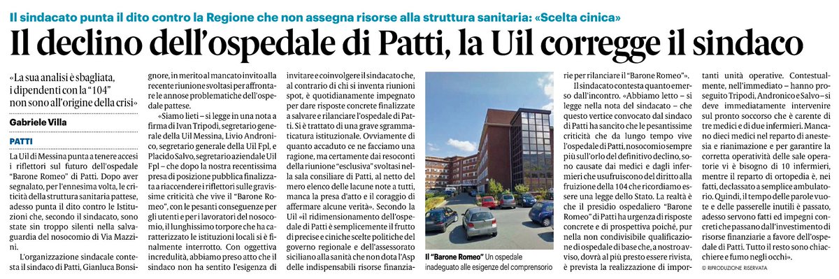 ivantripodi's tweet photo. Gazzetta del Sud (12.6.2023)
#uil #messina #sanita #ospedalepatti #dirittoallasalute https://t.co/VSZRZ4IKIB
