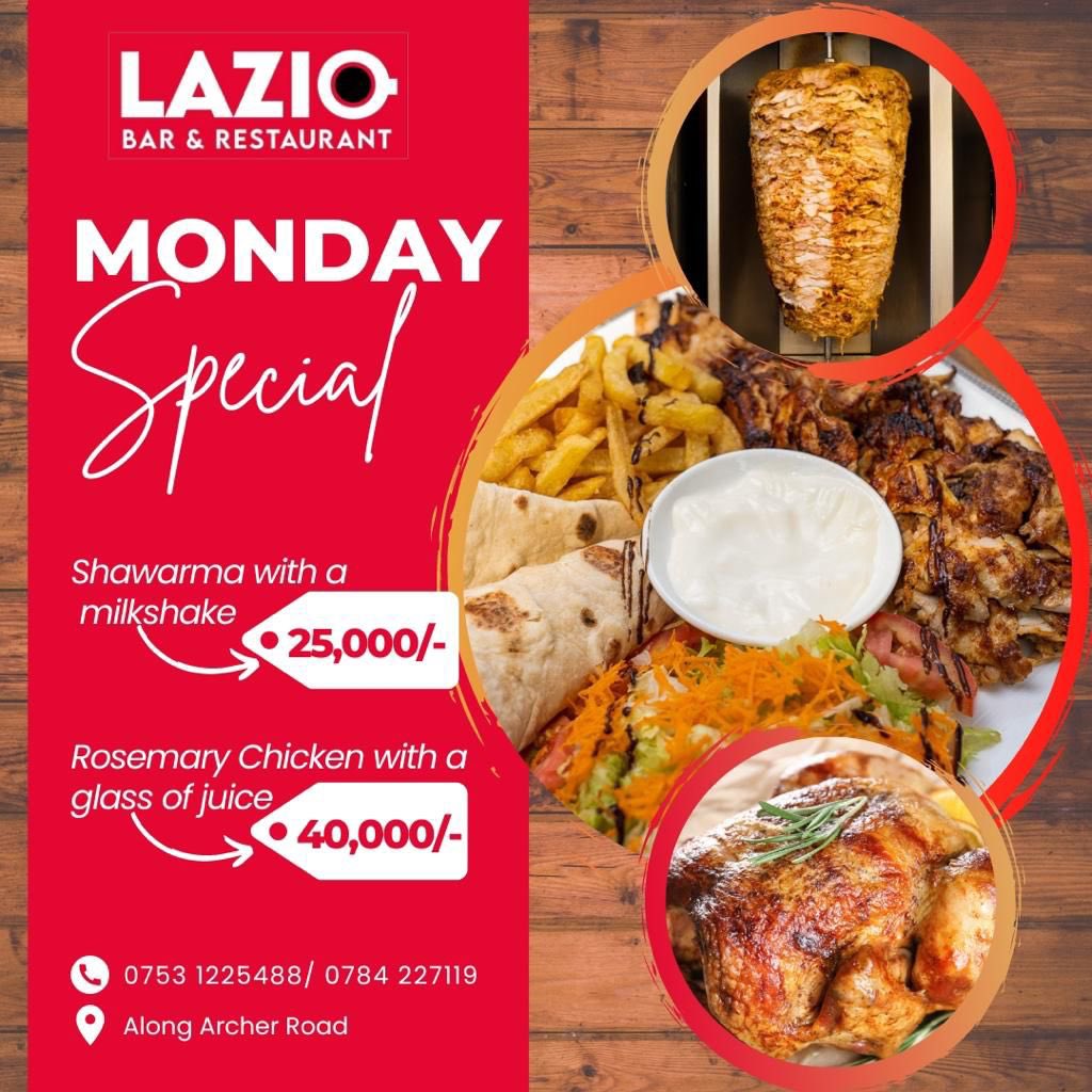Mondays just got better with #LazioKampala's Special😊👐

Shawarma with a Milkshake at 25K
Rosemary chicken with a glass of juice at 40K.