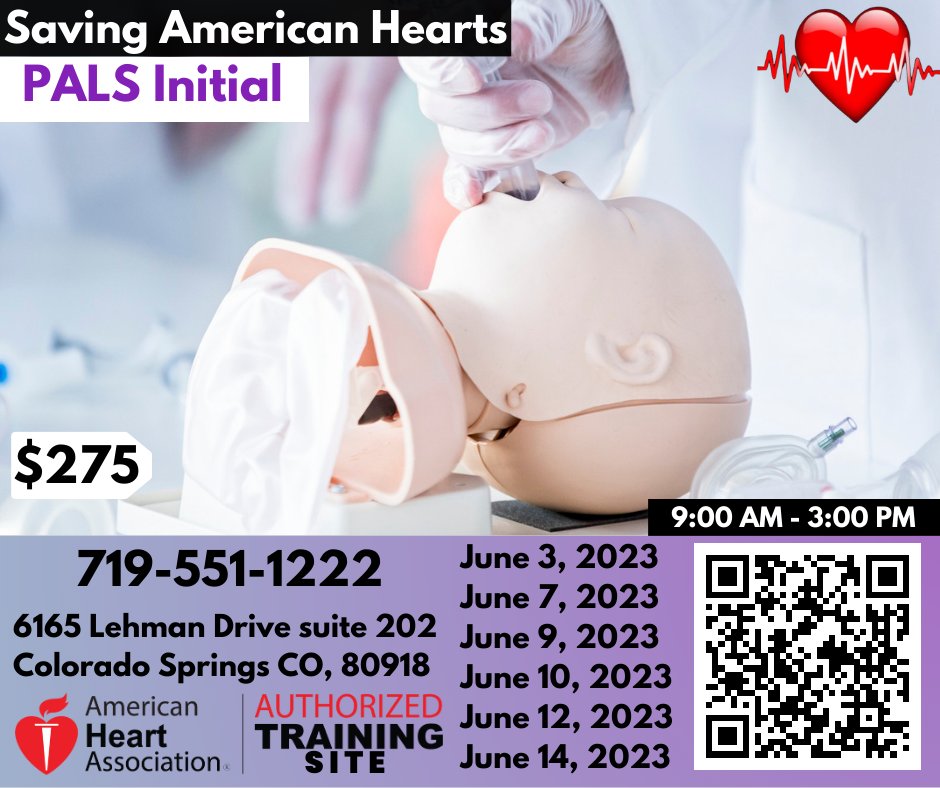Are you ready to become a certified AHA PALS Provider? Look no further! Join our PALS Initial Course Wednesday, June 14th for the training you need to save lives!  savingamericanhearts.com/aha-pals-provi…… #PALS #NicuNurse #PedsNurse #Pediatrics #AHA #Colorado #Denver #ColoradoSprings #RN #BLS