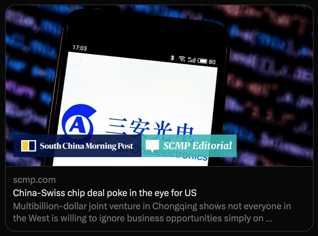 mortenhjm's tweet photo. Multibillion-dollar joint venture in Chongqing shows not everyone in the West is willing to ignore business opportunities simply on Washington’s say-so

The Geneva-based company, and Europe's second largest chip maker, has demonstrated foresight as well as courage in sealing this against-the-herd deal.

#China #EU #Chongqing 

https://t.co/E4L2dK7xtC