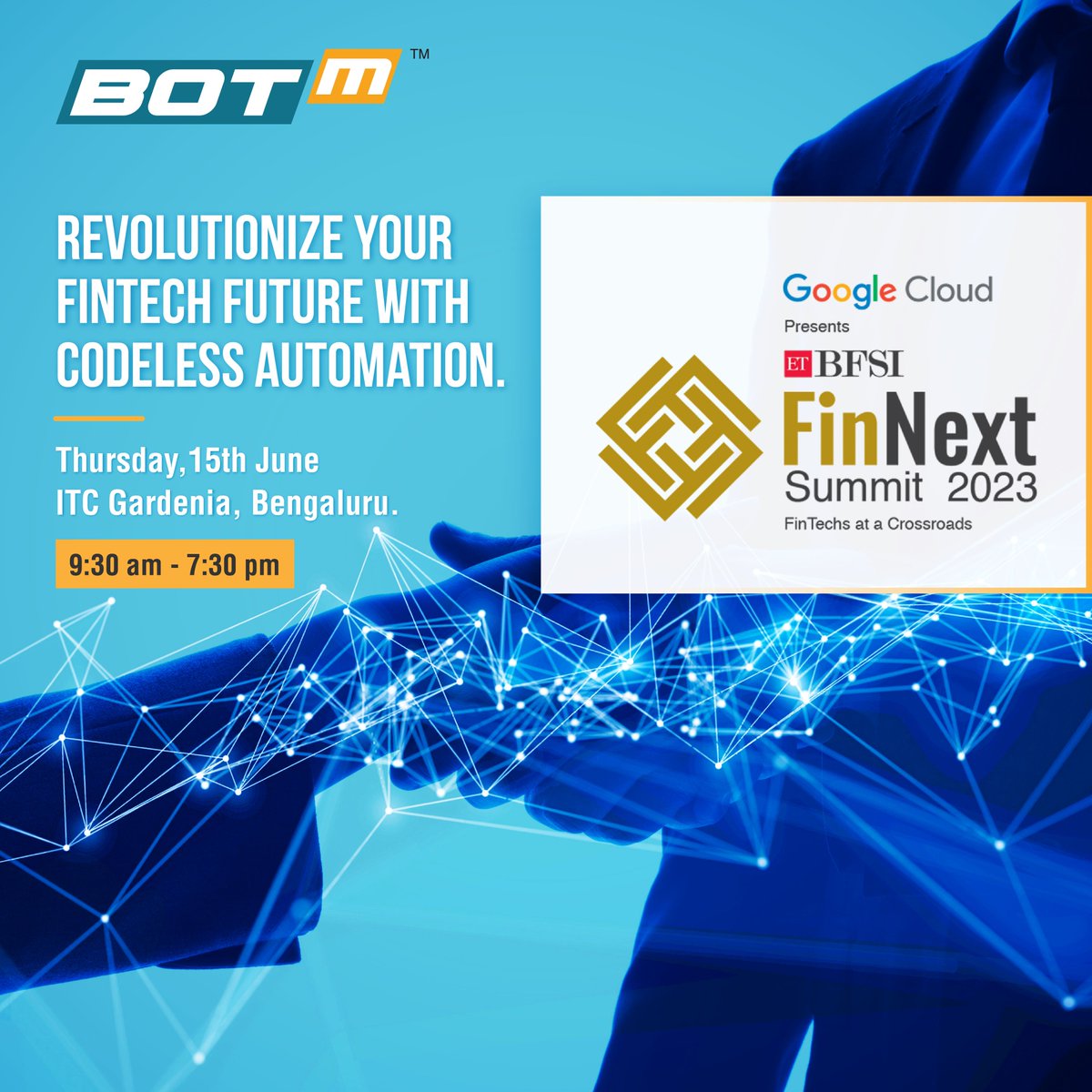 Join us at the FinNext Summit happening in Bengaluru and embark on an extraordinary journey of innovation and growth. 

#BOTm #FinNext2023 #finnextsummit2023 #fintech #FinTechevent #events #corporateevents #codelessautomation #codeless #automation #mobileapptesting #apptesting