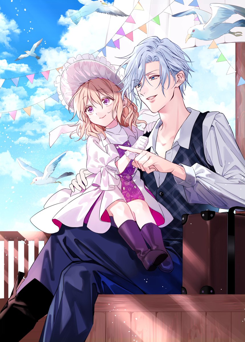 1girl 1boy bird purple eyes sky sitting smile  illustration images