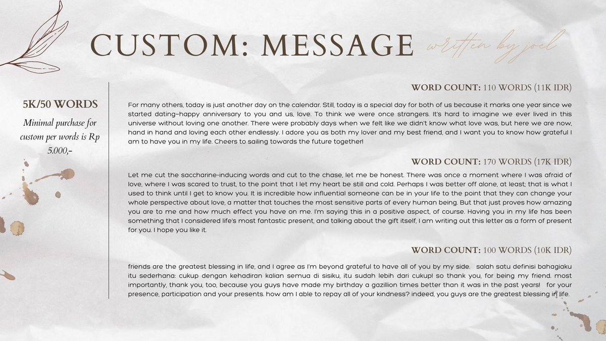 Claim your seat at the corner of my café, where I roast your ideas to be served in the most delightful cup of wording. I offer various kinds of wording services! From bio, pinned, upchar, custom message, plots, and more. Kindly read the T&amp;C before ordering. ☕ #zonauang #zonaba
