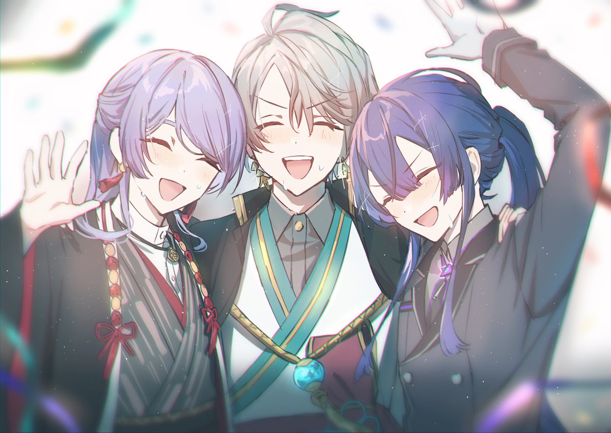 multiple boys closed eyes purple hair jewelry smile earrings japanese clothes  illustration images