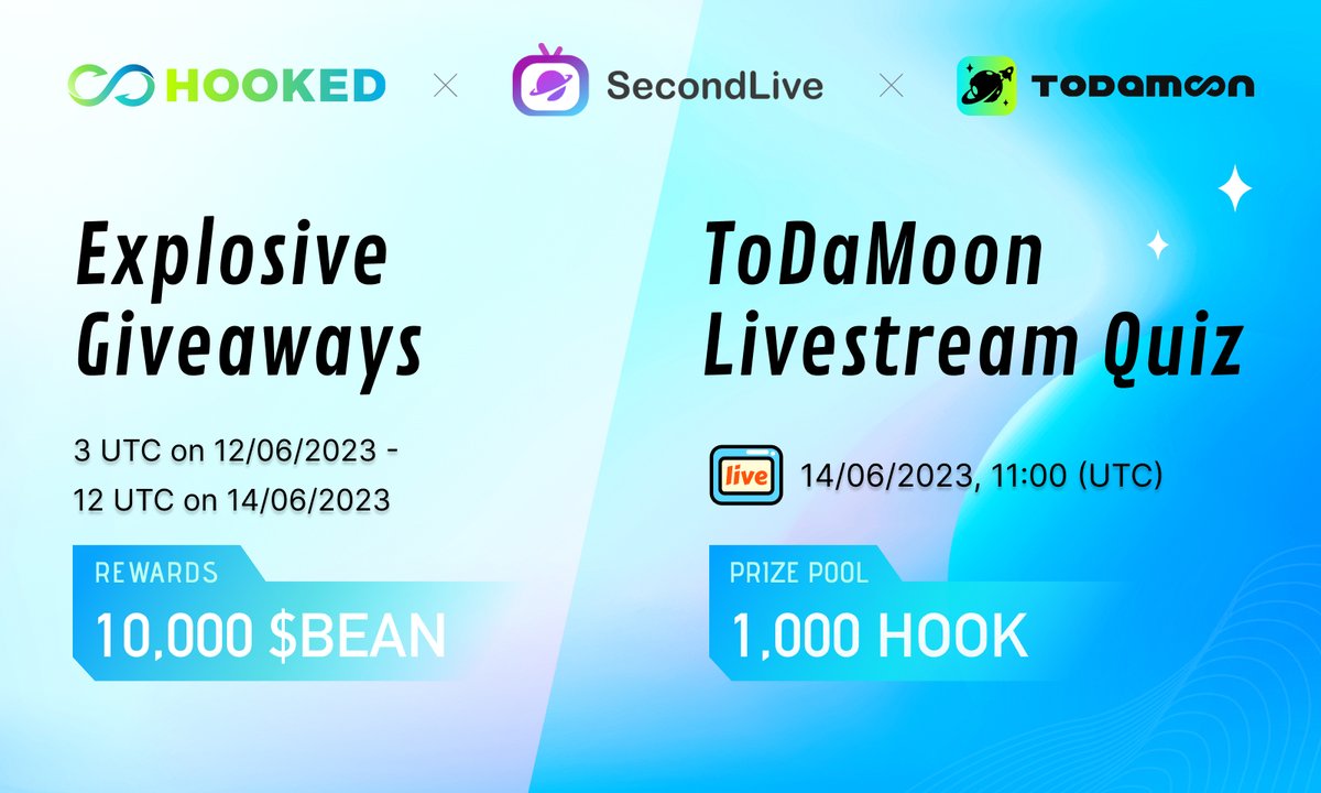 #Hookedfrens 🎉
Hooked X SecondLive #ToDaMoon partnership with a thrilling surprise!

Celebrate our partnership with @SecondLiveReal, a thriving Metaverse hub, at upcoming #ToDaMoon with 10,000 $BEAN tokens!

👉Complete ALL tasks at zealy.io/c/hookedprotoc…

❇️ 200 lucky winners…