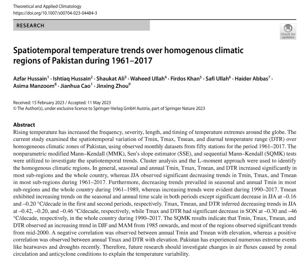 Excited to share my new research on temperature changes over homogenous climatic regions of Pakistan, published in Theoretical and Applied Climatology.
For those interested, full text at: rdcu.be/dcn5p