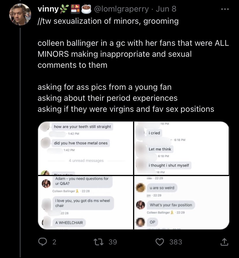 hmm.. no shes definitely a groomer. Colleen *has* been posting inappropriate content to her miranda sings channel, targeting children, and she groomed children in groupchats/in private! i was fucking groomed, i dont have to research shit to know she IS A GROOMER #colleenballinger