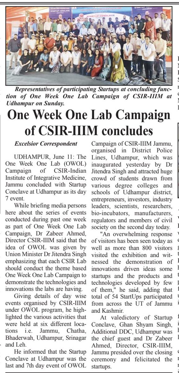DrJitendraSingh's tweet photo. Daily Excelsior: One Week One Lab Campaign of #CSIR-IIIM concludes 
#OWOL https://t.co/0tx5WtRMcY