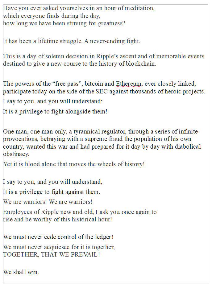 I'm privileged to give a motivational talk to all the new Ripple employees joining us from Metaco. I think I've got it perfect, but if anyone has any suggestions for last minute edits, I'd love to hear them.