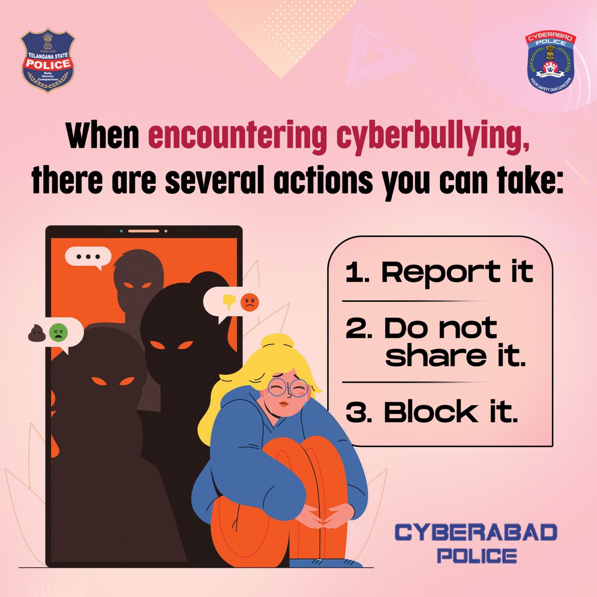 Remember, #cybersafety is a responsibility shared by the entire community. If you notice an account spreading hate or engaging in cyberbullying, it is important to take action.

#Cyber #CyberSafety #CyberAwareness #CyberabadPolice