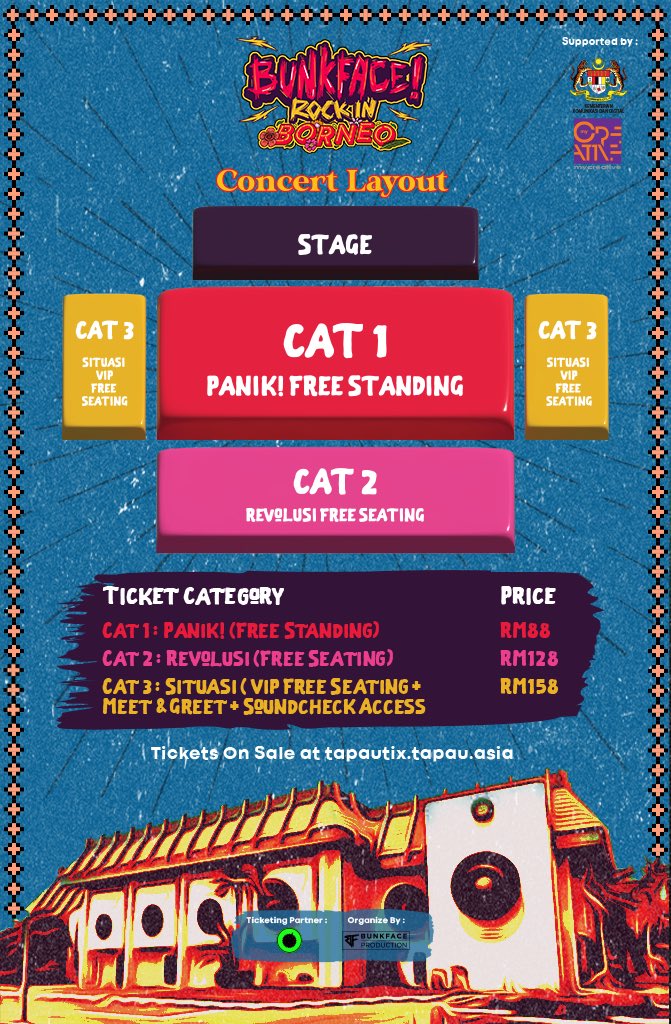 bunkfaceband's tweet photo. Tiket sudah mula dijual gais! Dapat kan sebelum terlambat! 

CAT 1 PANIK - RM 88 
CAT 2 REVOLUSI - RM 128 
CAT 3 SITUASI - RM 158

Tempat: KDCA Kota Kinabalu Sabah
Tarikh: 19 July 2023

korang boleh beli tiket di https://t.co/sXTif7rZnj

#bunkfacerockinborneo 
#bunkers #bunkface https://t.co/ZwBWyEprJy