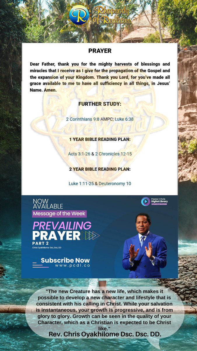One of the most profound principles in the Word of God that guarantees a continuous increase in finances is the principle of giving. Your giving is a channel to facilitate your receiving, for there can be no receiving without first giving.

#Rhapsodyofrealities
#RhapsodyJune12