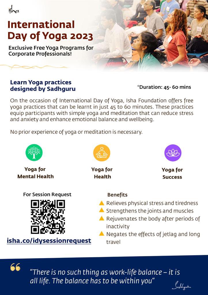 Register and join for free Yoga sessions from Isha Yoga Center. Log in the link below or just scan the code… hurry up ! 
#InternationalDayofYoga2023  #IDY2023