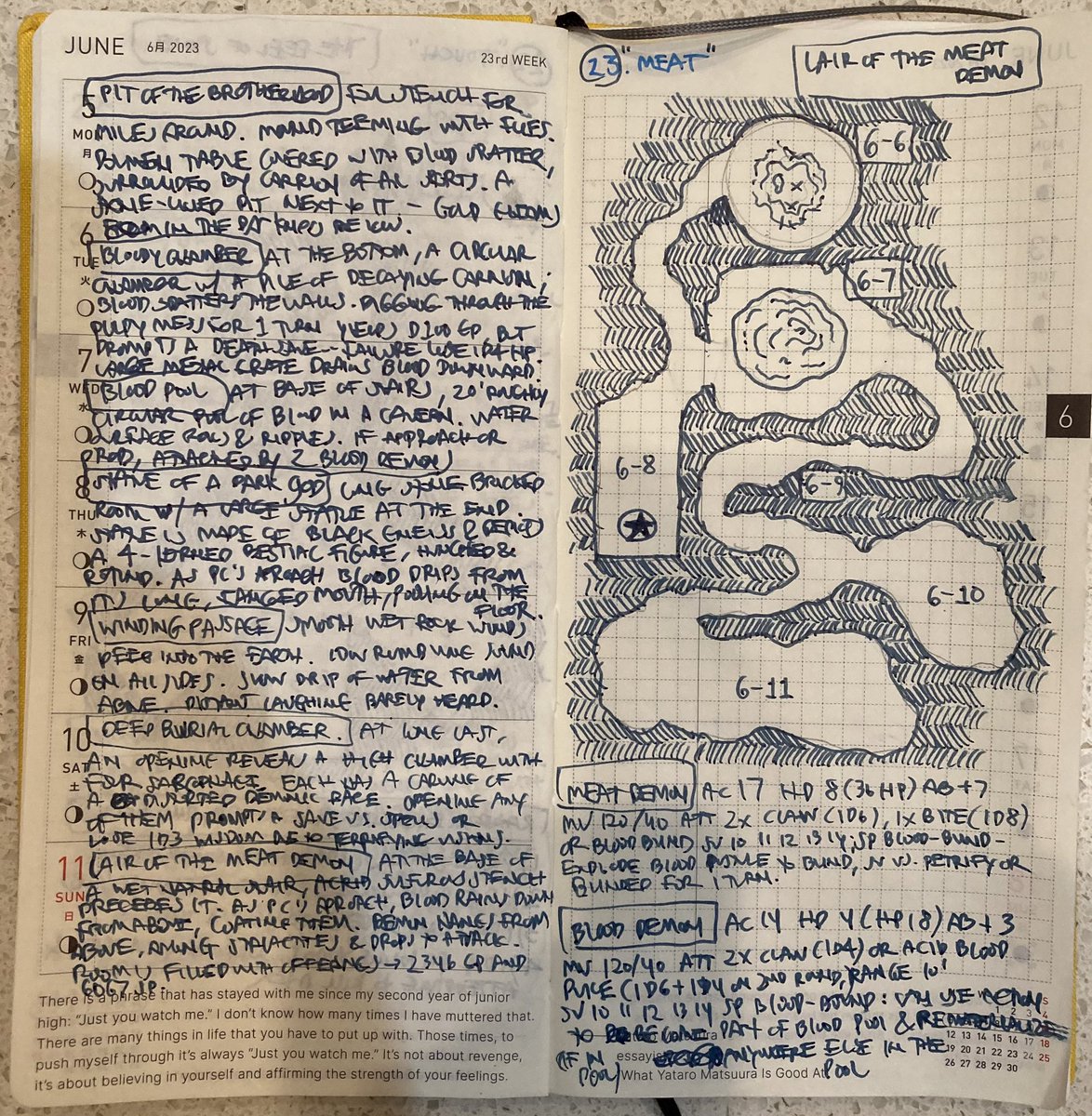 Week 26 of #dungeon23 - after tracking a foul stench, the PCs find a mound of carrion teeming with flies. A stone table seems to indicate a sacrificial altar, but a pit next to it descends to another chamber of discarded charnel bits. What waits in the caverns below?
