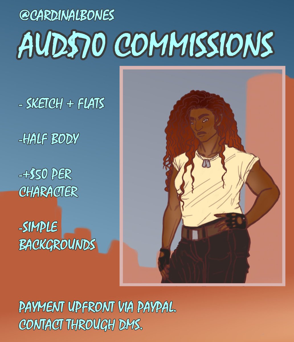 Cardinalbones's tweet image. 🌟 AUD$70 COMMISSIONS 🌟

🌱 Half body, cleaned sketch + flats only
🌱 +$50 each for additional characters
🌱 Humanoids only (funky heads/monstrous features OK but I cannot draw furries/anthros)
🌱 Contact me through DMs