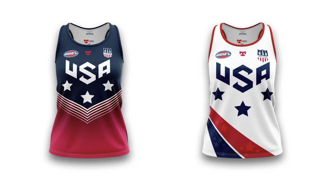 Brian_Barrish's tweet photo. The @USAFLFreedom (seniors) and Liberty (development) unveiled their jumpers earlier today for their #49PC matchup against @AFLCanada in Racine on 8/19.
The jumpers have been nicknamed “Wonder Woman” and “Star Burst”. https://t.co/Dy8uekN8re