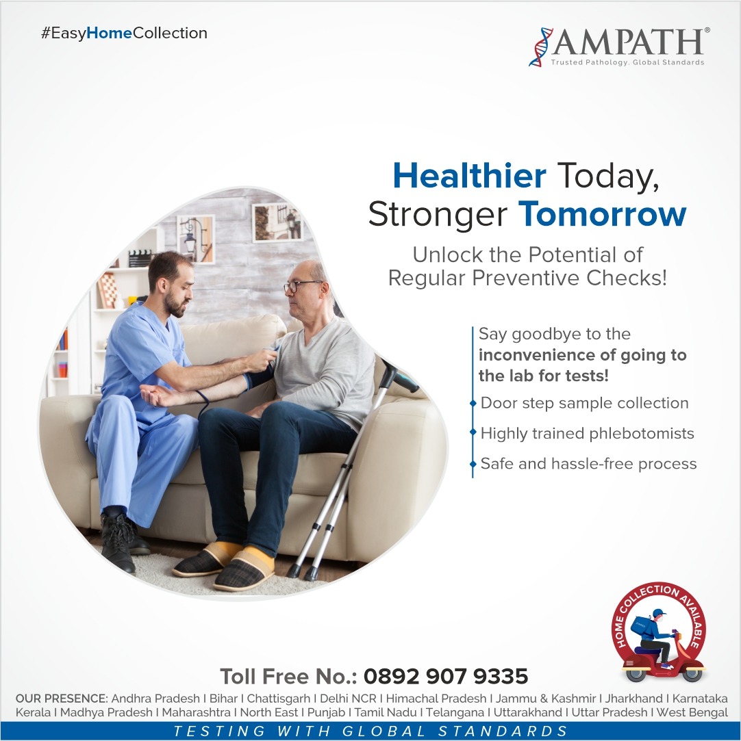 Your health is your most valuable asset. Today, let's commit to a #healthier tomorrow. Discover the power of regular preventive checks with Ampath's #homecollection service.  
To book a test, call 08929079335 or visit ampath.com. #AMPATHLabs #HealthCheck