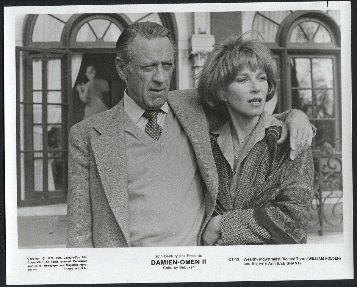 TheOmenOnline's tweet photo. Production still of William Holden and @TheLeeGrant as Richard and Ann Thorn in #DAMIEN—#TheOMEN II released 45 years go. #Damien45th #TheFirstTimeWasOnlyAWarning #45thAnniversary https://t.co/UUBElHS2Kt