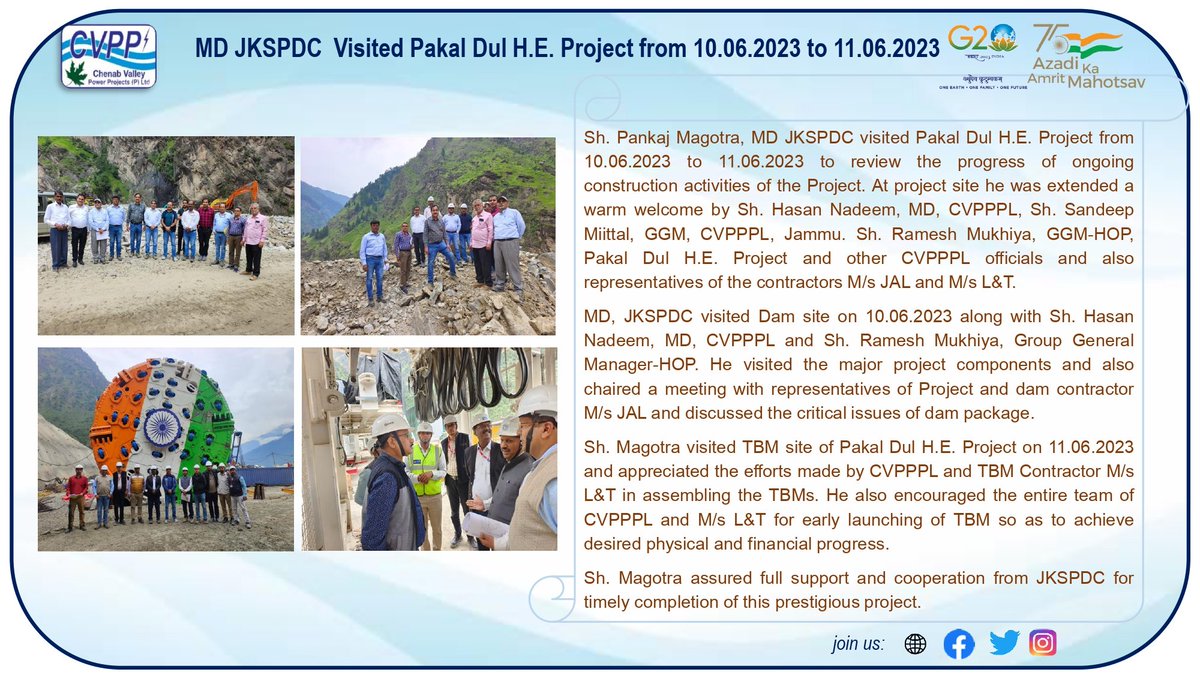 MD JKSPDC visited Pakal Dul HE Project from 10.06.2023 to 11.06.2023