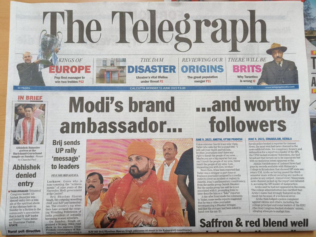 Good Morning. Here's a glimpse of the front page of #TheTelegraph  for you. Get full paper here: epaper.telegraphindia.com

#BrijbhusanSharanSingh #BJP #AbhishekBanerjee