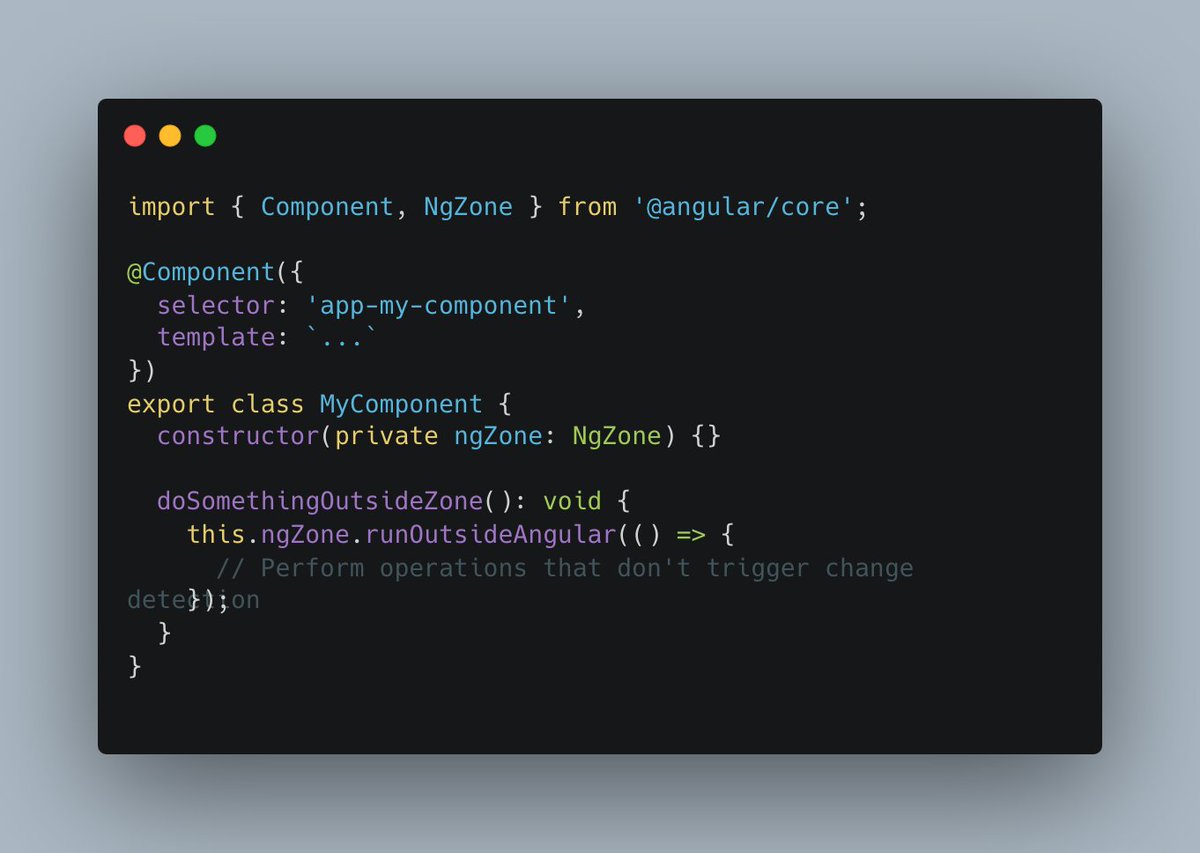 devjainik's tweet image. ๐ Angular Tip (Day 24 of 100) ๐
๐ Utilize Angular's NgZone for Zone.js Control:
Angular's NgZone allows you to explicitly control the behavior of the Zone.js library,
#angular #100daysofangular