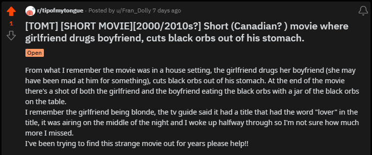 fran_dolly's tweet photo. I know this is a long shot but I've been looking for this movie for more than 10 years. I've only ever seen one other post about this with no answers. Please help omg, it was such a strange movie I NEED to find it.
#lostmedia #reddit #tomt https://t.co/zcGb0azKxz