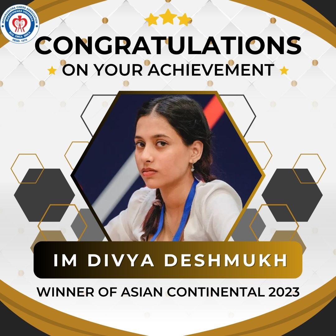 MahaChess's tweet image. Pride of Maharashtra, Congratulations @DivyaDeshmukh05 on your great achievement by winning the 🥇 at the Asian Continental Championship. 

#MahaChampion #ChessFirst