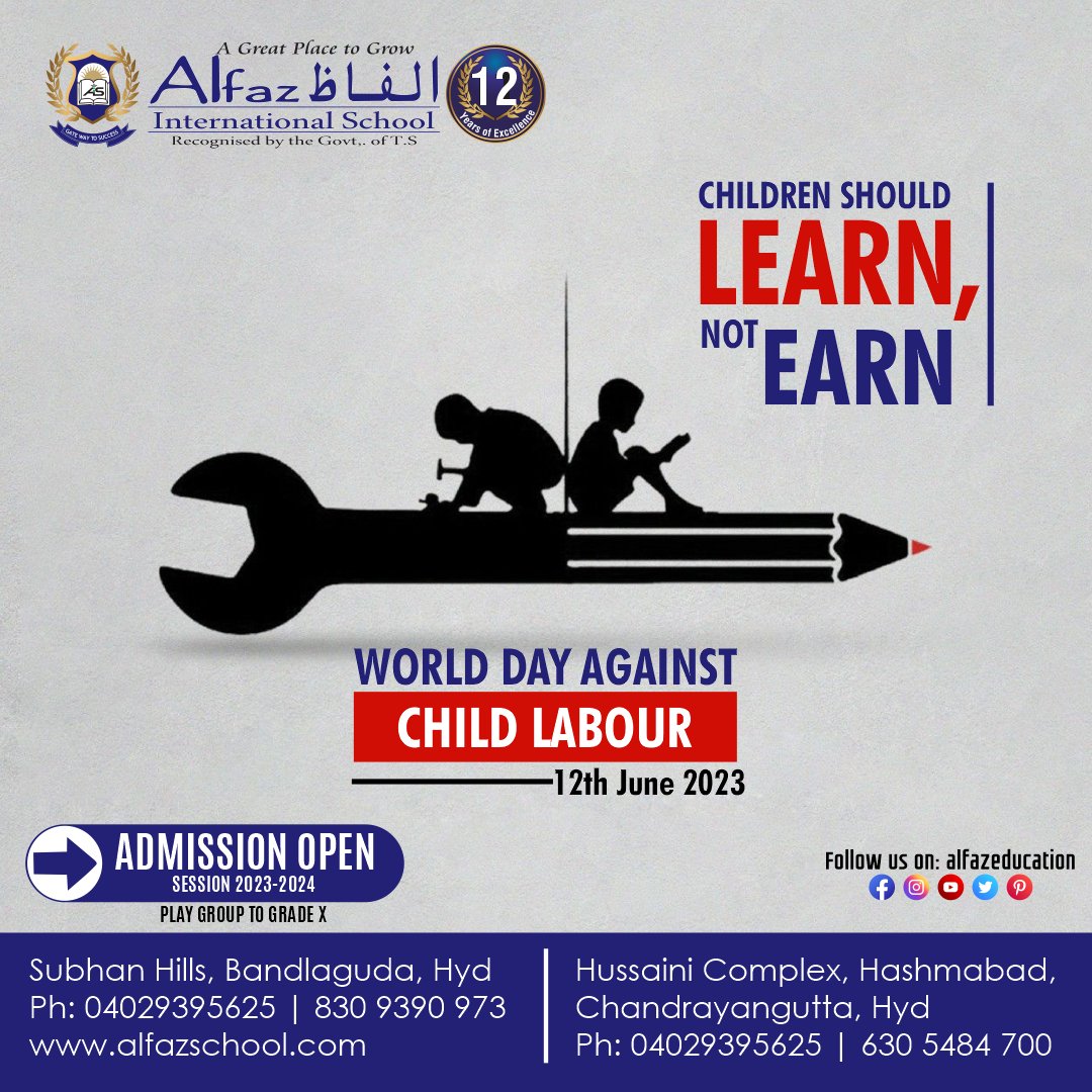 Let’s unite together to protect children's rights to learn, grow and thrive. Say “No” to child labour.

#ChildLabourDay #stopchildlabour #childlabour #childlabourers #bestschool #education #school #bestschoolhyderabad #hyderabadschool #alfazeducation #welcomebacktoschool #12june