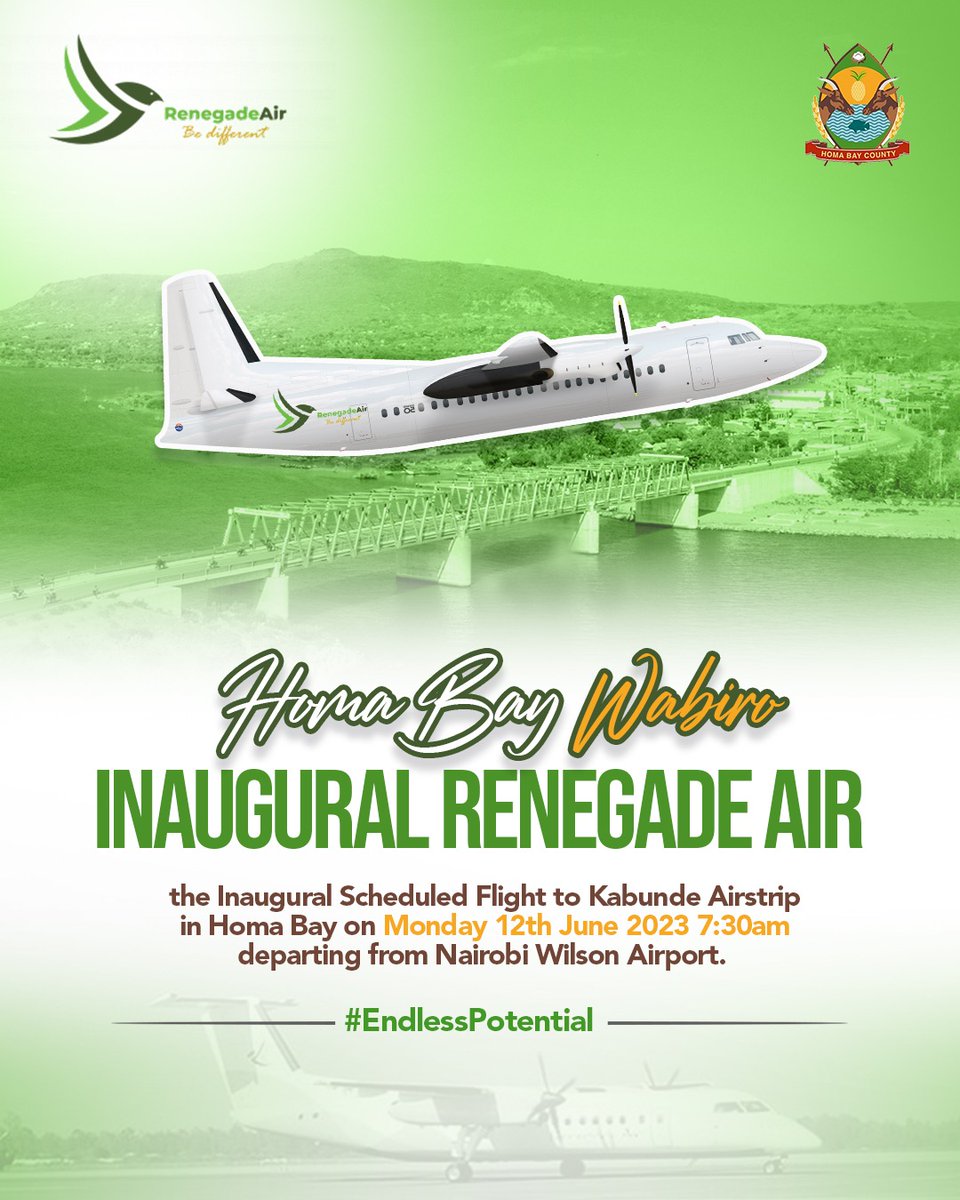 Homa Bay County is ready to take flight! Renegade Air's new route brings us closer to Nairobi, boosting growth and developing synergies. Let us seize this amazing chance for our county's prosperity.  #HomaBayByAir