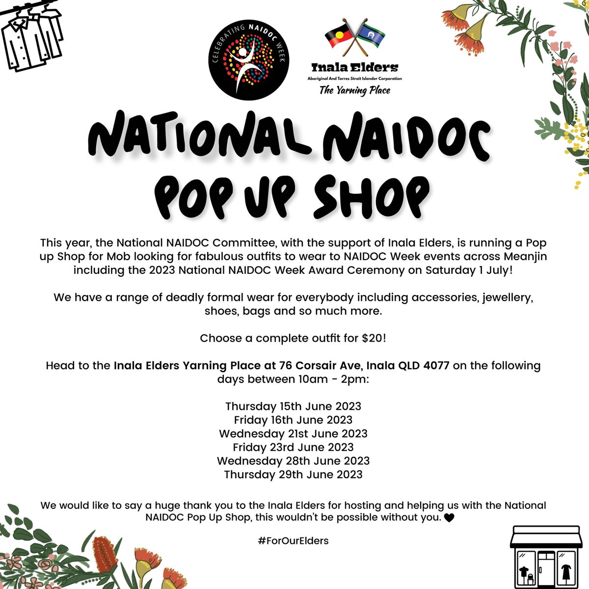Thank you so much to the Inala Elders for their support hosting the National NAIDOC Week Pop Up Shop! Mob, if you’re looking to style up during NAIDOC Week make sure to pop in to Inala Elders and see what’s there! #forourelders #naidoc2023 #naidocweek
