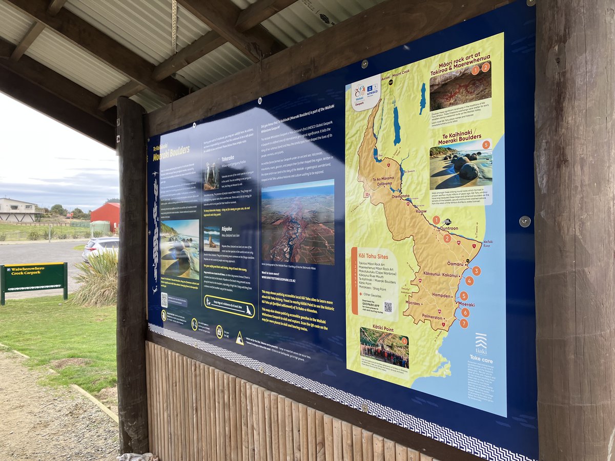 New signage was installed at the Te Kaihīnaki / Moeraki Boulders DOC carpark! In collaboration with Te Rūnanga o Moeraki, DOC and the Geopark, these new signs allow visitors to learn more about the cultural &amp; geological history of the boulders and the wildlife in this area.