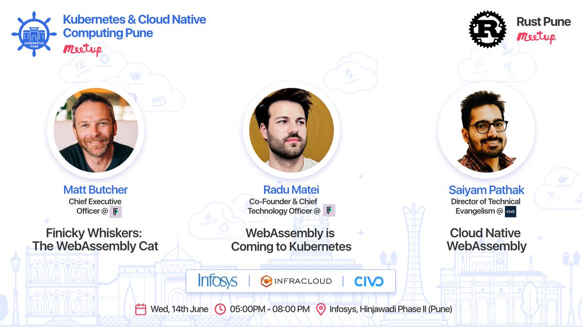 [Pune] Learn all about WASM!

Super stoked to be hosting <a href="/technosophos/">Matt Butcher @FermyonTech</a> <a href="/matei_radu/">Radu Matei</a> &amp; <a href="/SaiyamPathak/">Saiyam Pathak</a> in Pune this Wednesday and learning all about WASM from the best people you can!

Do take time to join us &amp; learn about this exciting space

meetup.com/kubernetes-pun…