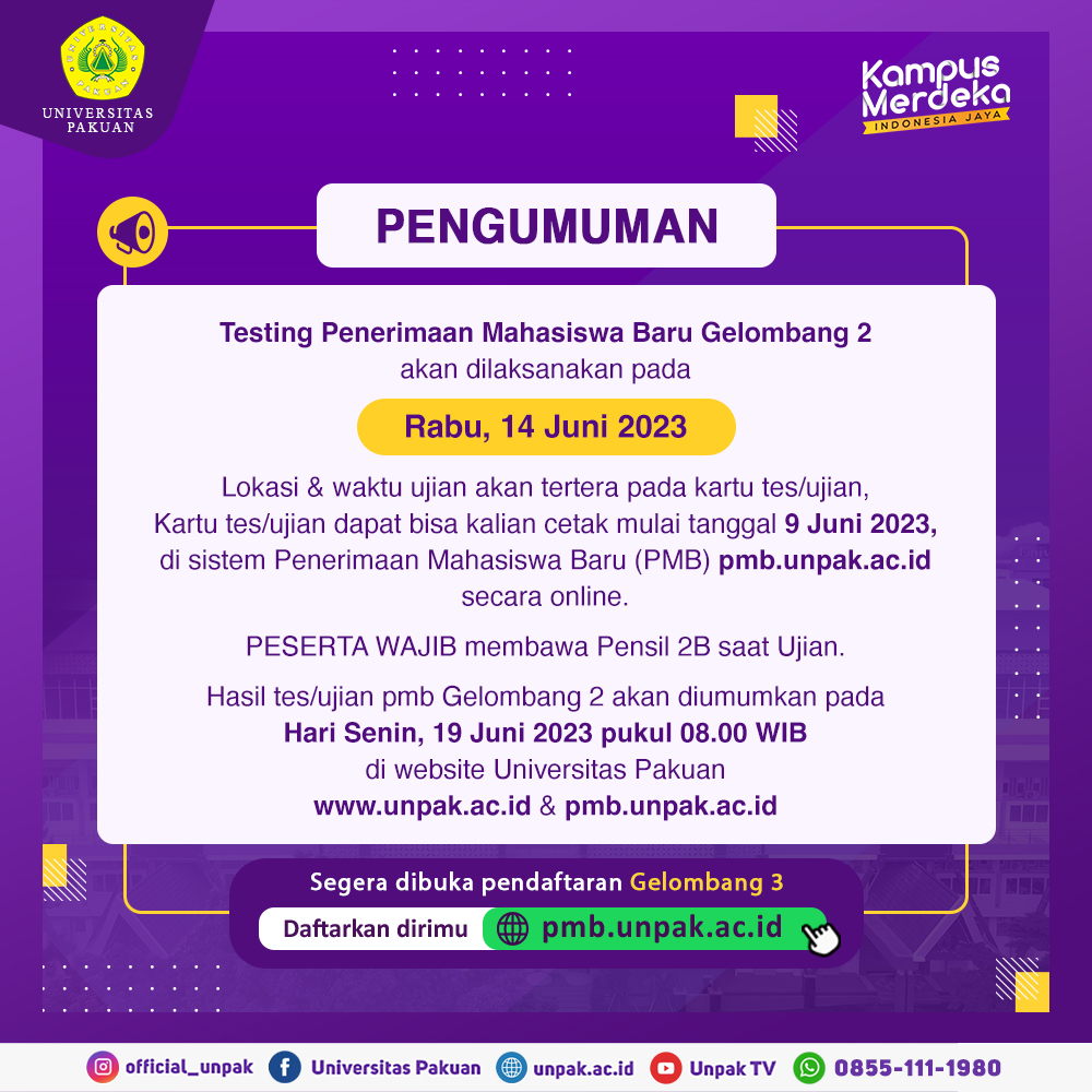 official_unpak's tweet photo. #UnpakInfo

Informasi bagi calon mahasiswa baru yang telah mendaftar pada gelombang 2, untuk mengikuti test tanggal 14 Juni 2023, dan diharapkan hadir 30 menit sebelum waktu tes/ujian ya.

*PESERTA WAJIB MEMBAWA PENSIL 2B

#pmbunpak2023 https://t.co/QrOqYbynJZ