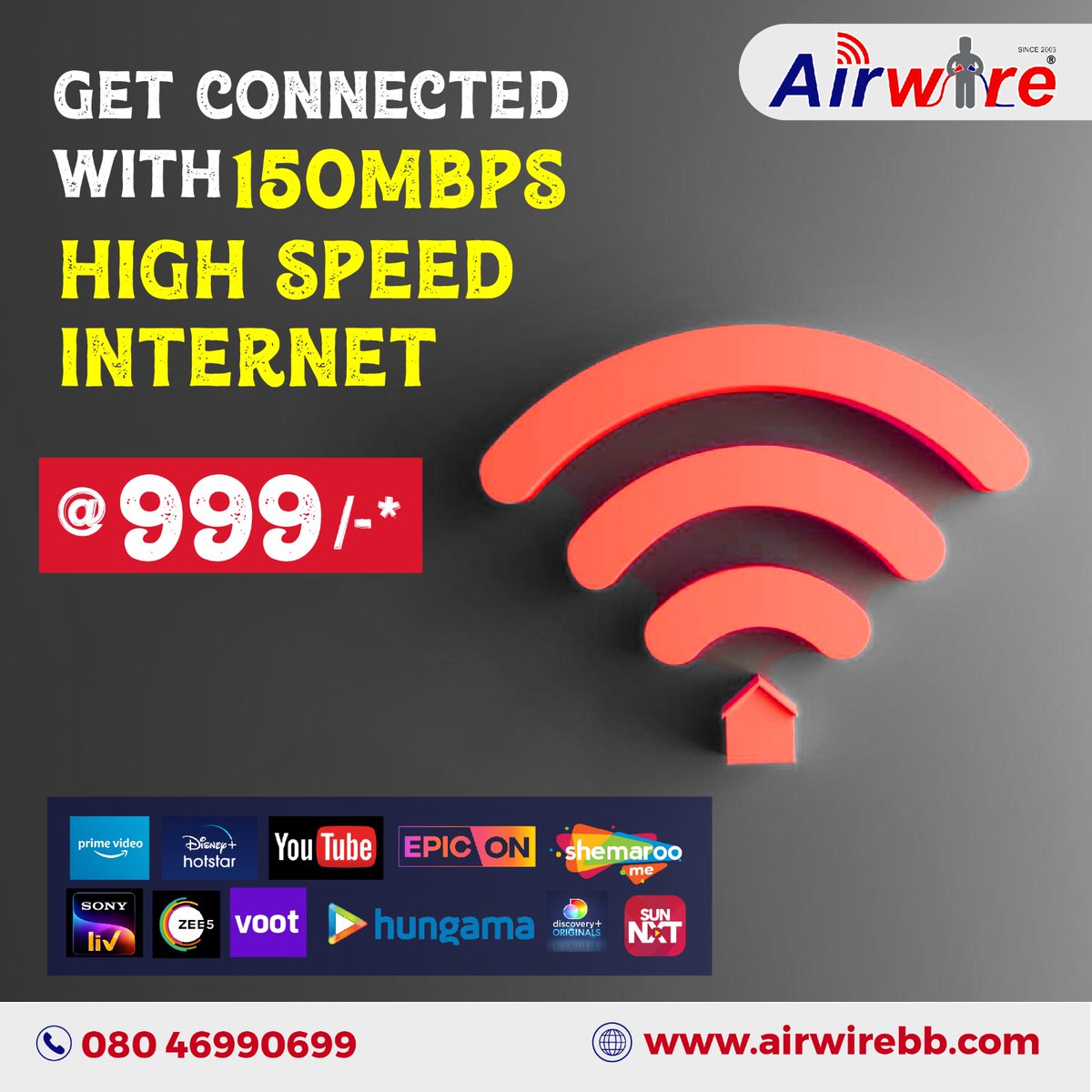 Get connected with 150Mbps High speed internet @ just 999/-*.......
#broadband #WIFI #internetserviceprovider  #HighSpeedInternet #Fibernet  #fastinternet  #fiberoptic #InternetConnection  #serviceprovider #BroadbandForAll #bangaloreinternet #HighSpeedInternet #internetandservice