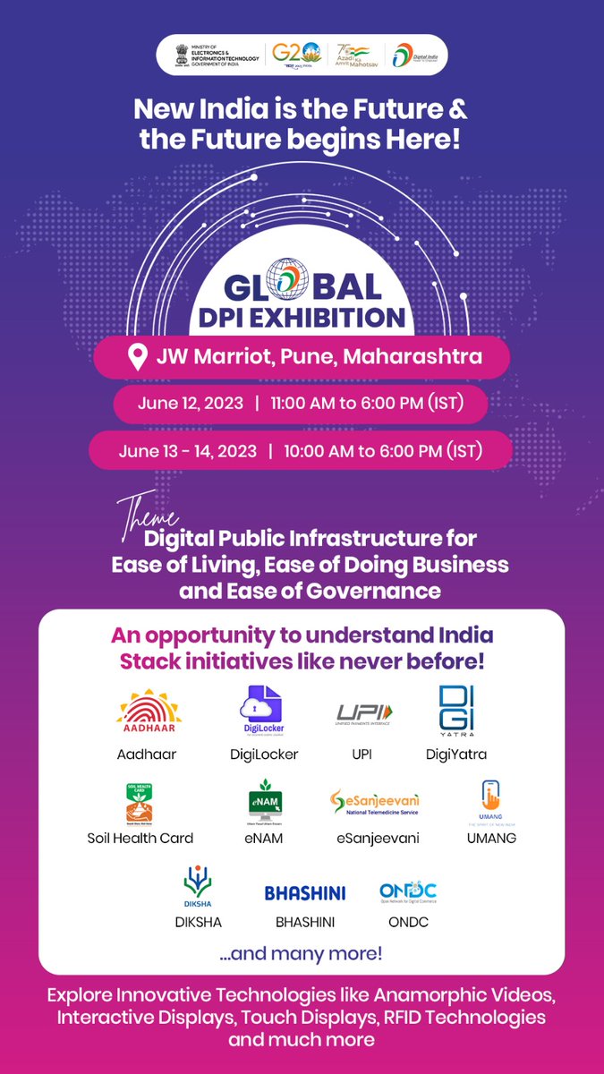 meitystartuphub's tweet image. Visit the #GlobalDPIExhibition

🗓 June 12 - 14, 2023 
📌JW Marriott Pune, Maharashtra

Experience the #IndiaStack initiatives like never before!  

#G20DEWG  #G20India #GlobalDPISummit
#G20DIA