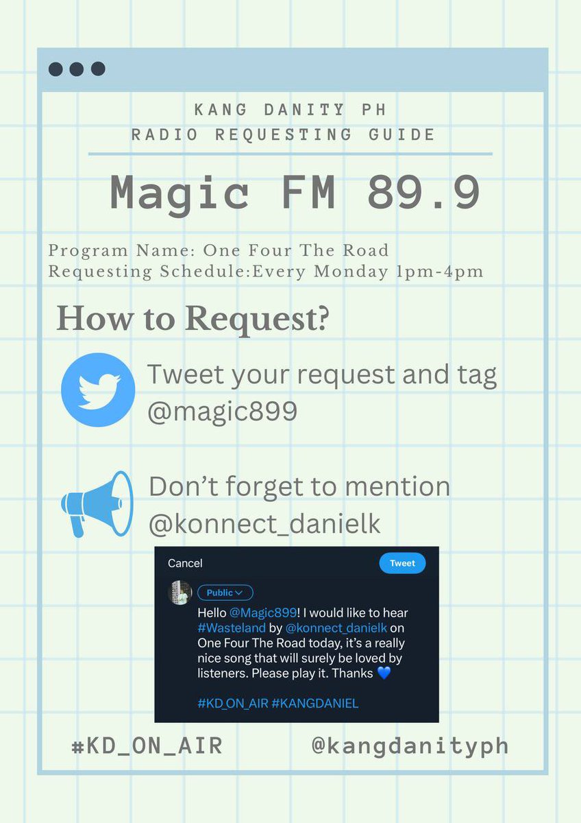 📻 Magic 89.9
🎙️ One for the Road 
🗓️ Requesting Schedule: Monday 1PM to 4PM
🐦 @Magic899 with DJs @_ryanracela @beafabregas 

LISTEN LIVE 
🌐 magic899.com

#KD_ON_AIR
#REALIEZ #WASTELAND
#kangdaniel #강다니엘