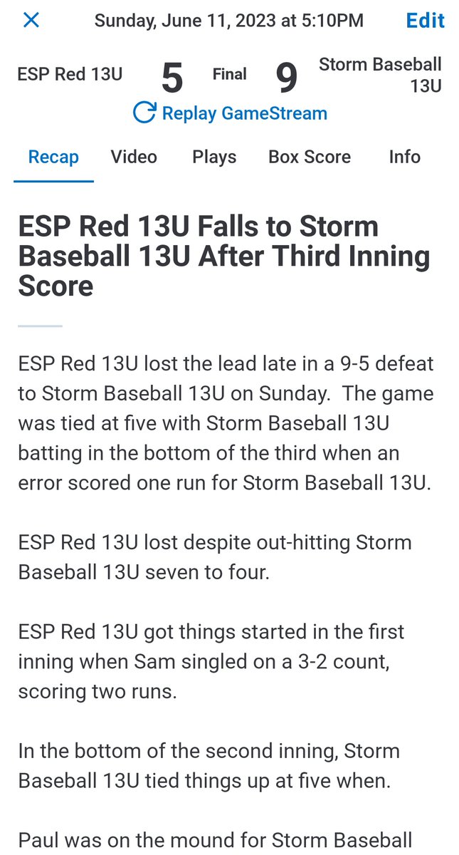 ESPred2028's tweet photo. ESP Red 5
Storm 9

Grant started 3ER, 3Hs, 2BB. Sam pitched 2 innings in relief and Jonathan 1 inning in relief. 

Sean was hot all weekend! We started with 5 runs in first, but didnt score after. Jack and Sam both had 2 hits. Learn and grow each week!
#ESPTrained #ESPRed2028 https://t.co/UjjpvMqb9X