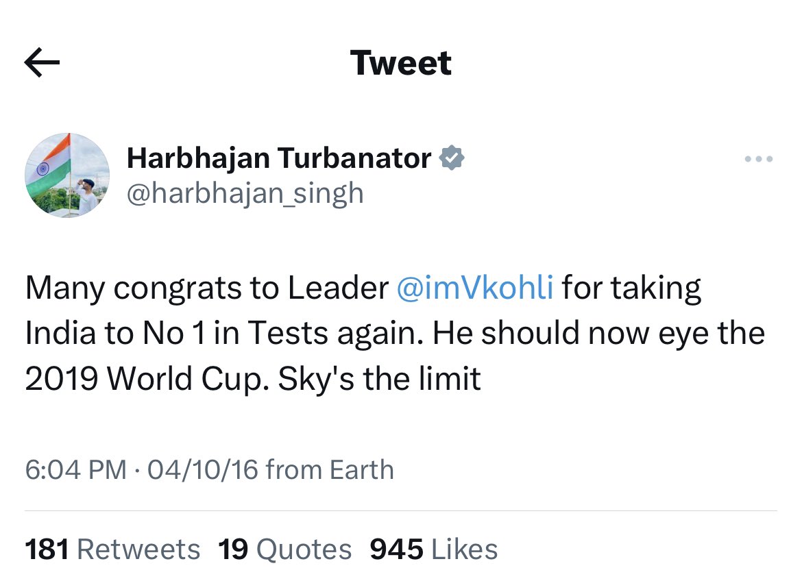 Hello @harbhajan_singh 10 others also played and took India at  No 1 spot. 👋 👋