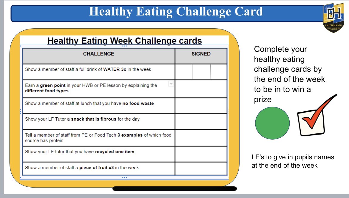#HealthyEating #healthyeatingweek get your challenge cards completed ✅ @easternhighcdf