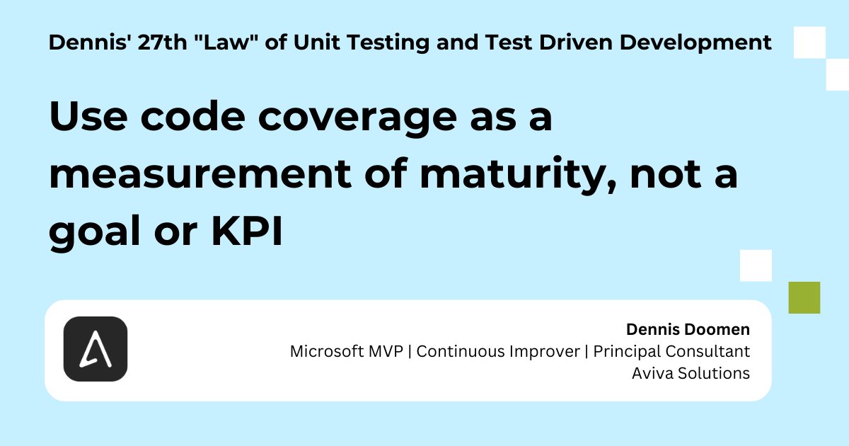 ddoomen's tweet image. Few aspects of #unittesting and #testdrivendevelopment are more loathed as #codecoverage. But just like anything else, I see a lot of value in it. For example, a coverage of 50% tells me something about the (lack of) maturity of a code base. But going beyond 90% feels like...