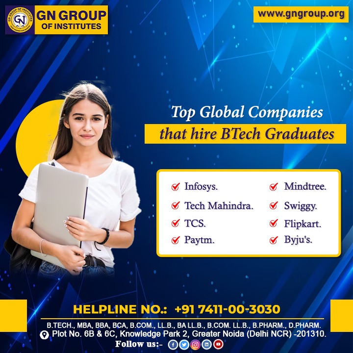 Top Global Companies that hire BTech Graduates
1. Infosys
2. Mindtree
3. Tech Mahindra
4. Swiggy
5. TCS
6. Flipkart
7. Paytm
8. Byju's

#gngroup #gngroupofinstitute #colleges #campusplacement #management #placements #placementpcacs #college #student #campusplacement